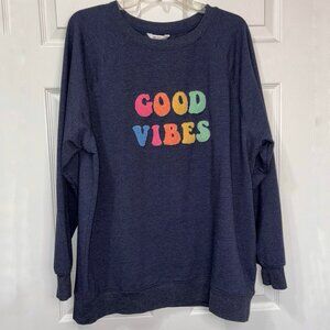 Wildfox Sweatshirt‎ Womens Large Blue Good Vibes Fuzzy Spellout Oversized Cozy